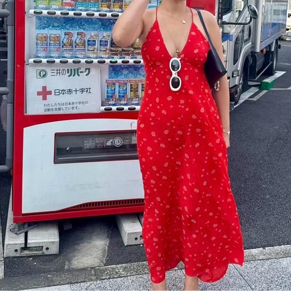 Zara Red Maxi Slip Dress with Gold Floral Print - Picture 2 of 5